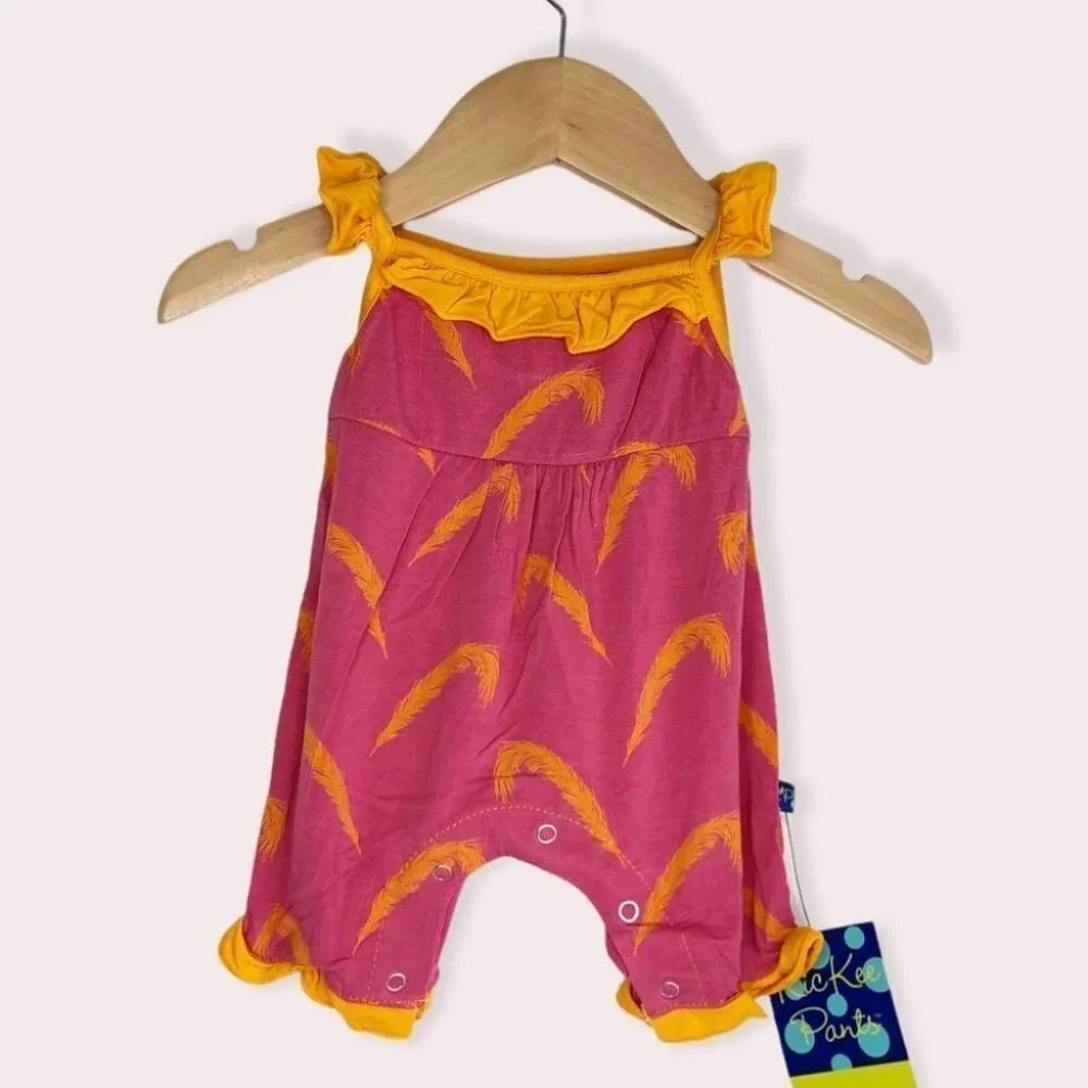 NWT Kickee Pants romper sleeveless ruffle carnival feather pink size newborn‎